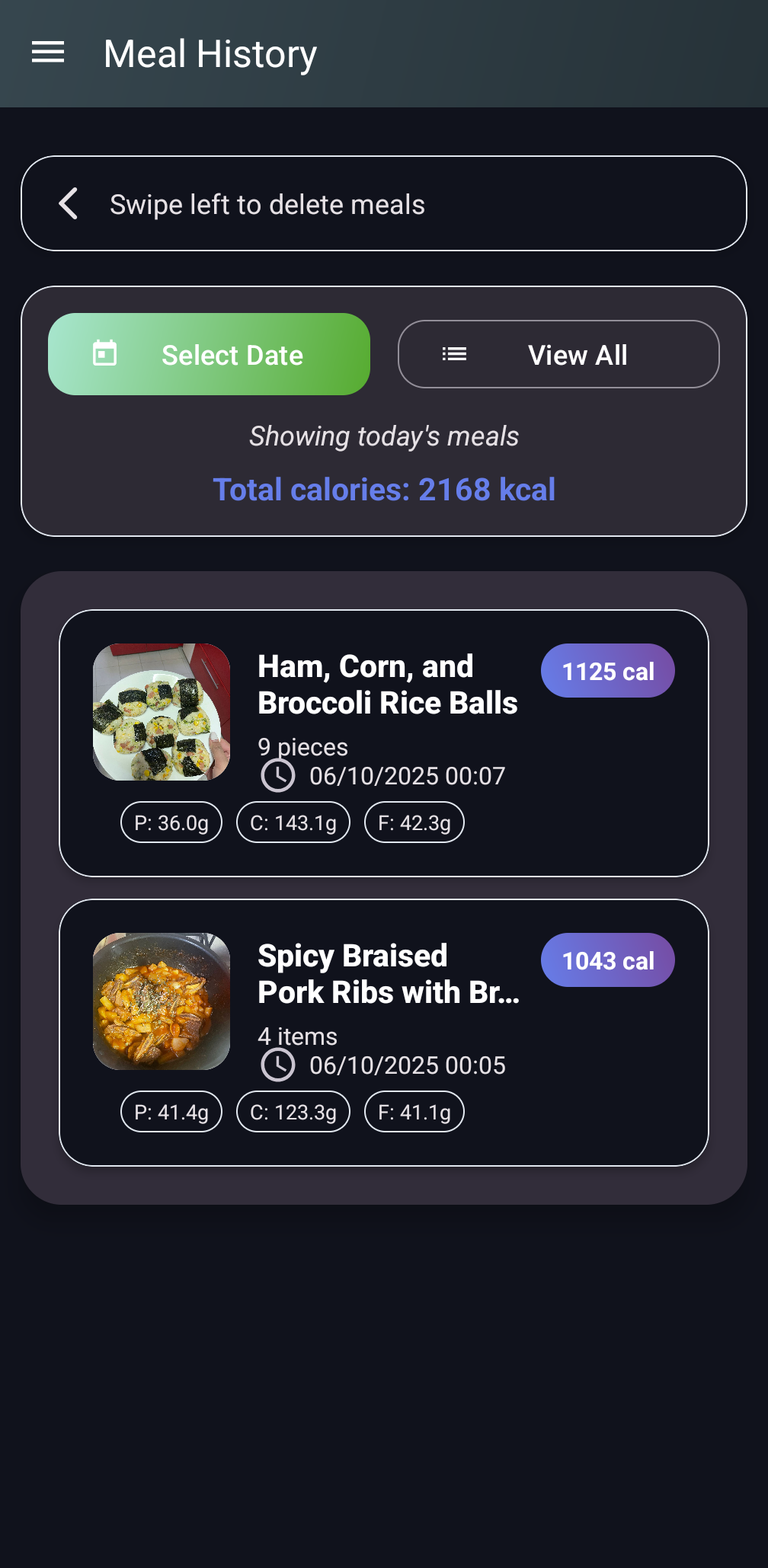 Screenshot of the CalCal app food logging feature.