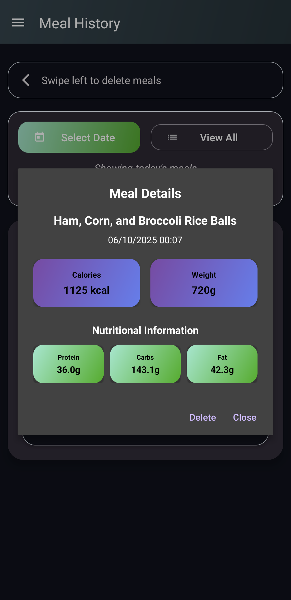 Screenshot of the CalCal app food logging feature.